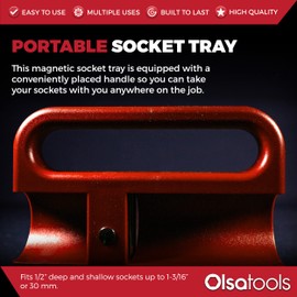 Olsa Tools Portable Magnetic Socket Organizer Tray | 1/2-inch Drive | Red | Fits Deep & Shallow Sockets | Holds sockets up to 1”3/16 SAE / 30mm Metric | Professional Grade