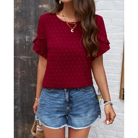 PRETTYGARDEN Woman Spring Fashion Tops 2025 Short Sleeve Crewneck Swiss Dot Relaxed Business Casual Outfits for Women(Wine Red,Large)