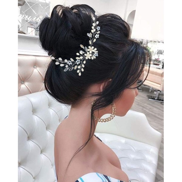 Unicra Bridal Wedding Hair Vine Silver Flower Pearl Headpiece Bridal Hair Accessories for Women and Girls