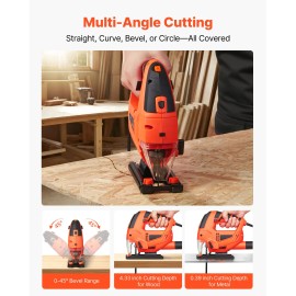 6.5 Amp 3000 SPM Blade Speed Electric Jigsaw 6pcs Blades LED Light 0- 45 Degrees Bevel Cut Power Saws Variable Speed Jig SawCorded/Cordless: Corded