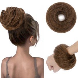 tesshair Messy Bun Hair Piece 100% Real Human Bun Hair Piece Natural Scrunchie Donut with Elastic Band Light Brown Hairpieces for Women Girls(Light Brown, 25g)