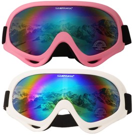 OUTDOORSPARTA 2-Pack Ski Goggles (4. Pink Frame, Multiple Color Lens; White Frame, Multiple Color Lens)