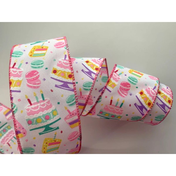 Decorative Ribbon Birthday Cakes Ribbon, 2.5 Inches Wide, Wired Edge,