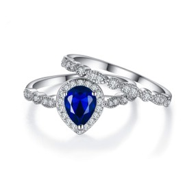 Ever Faith Bridal Ring Sets for Wedding, Sparkly Pear Shaped Cubic Zirconia Teardrop Blue CZ Engagement Promise Rings Size O