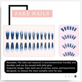 24Pcs Luxury Press on Nails Extra Long Coffin Fake Nails with Rhinestones & Flower Designs Artificial Acrylic Nails Blue Gradient Full Cover Glue on False Nails for Women