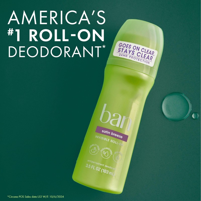 Ban Invisible Roll-on Antiperspirant Deodorant for Women and Men, 24-hour