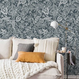 Fititem Peel and Stick Wallpaper Modern Boho Contact Paper Cabinet Dark Gray-Blue White Removable Self Adhesive Contact Paper Tropical Floral Leaf Waterproof Wallpaper Bathroom Bedroom 17.3inW 78.7inL