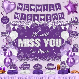 Purple Silver Farewell Party Decorations We Will Miss You Banner Honeycomb Centerpiece Rude That You're Leaving But Ok Hanging Swirls Balloons for Coworker Employee Goodbye Going Away Party Supplies