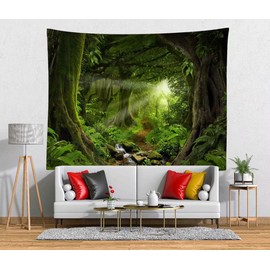BELECO Forest Tapestry Wall Hanging Jungle Creek Stream Art Wall Decor Nature Tree Cave Tapestry Sunshine Through Rainforest Landscape Bohemian Psychedelic Tapestry for Bedroom Living Room Dorm