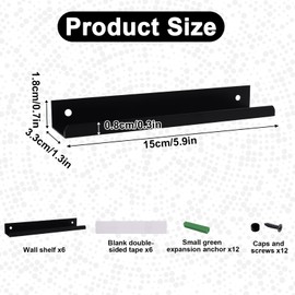 HOMMDECO 15 cm Vinyl Record Holder 6 PCS Metal Album Display Stand Wall Mounted CD Organizer Vinyl Record Shelf Kitchen Bathroom Shelf Music Collector's Home Decoration (Black)