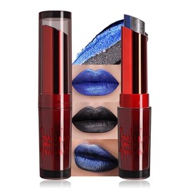 Glitter Lipstick Long Lasting Metallic Lip Liner Shimmer for Women Makeup Double Colors Eyeshadow Stick Hydrating Highly Pigmented Coverage Non Stick Cup Lips Gloss (Midnight Blue Black Shimmer)
