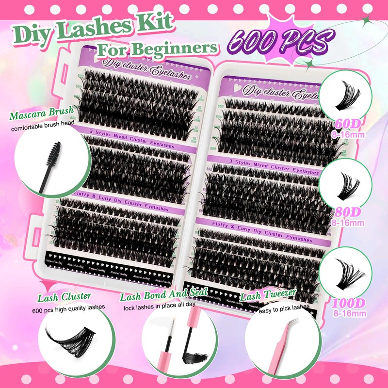 600 Pieces DIY Eyelash Extensions Set, 0.07D Eyelashes, Individual False