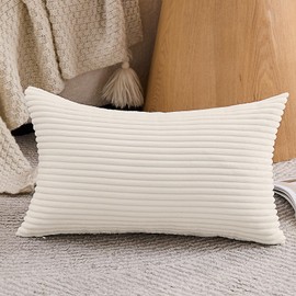Yosodeko Set of 1 Beige Lumbar Decorative Throw Pillow Cover 14x24 Inch for Sofa Living Room Couch Bed, Modern Farmhouse Home Decor, Soft Striped Corduroy Rectangle Cushion Case 35x60 cm