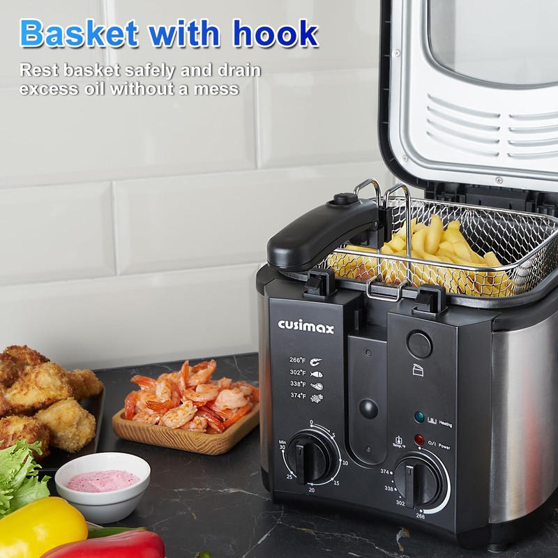 CUSIMAX Electric Deep Fryer for Home Use, 2.5 Liter 1500W