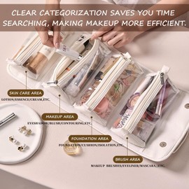 Flat Lay Travel Makeup Bag Leather Clear with Compartments, Toiletry Bags for Women, 4 in 1 Waterproof Bags Detachable Foldable Hanging, Portable Storage Organise Roll Up Makeup Organiser Bags （Khaki）