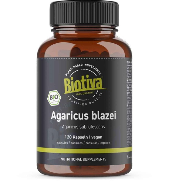 Agaricus Blazei Organic 120 Capsules | EU Cultivation in the Alps | Vital Mushroom High Dose | Almond Egerling | Himematsuake | No Additives | Bottled and Controlled in Germany | Biotiva