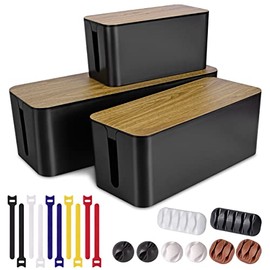3 Pack Cable Management Box with 18 PCS Cable Management Set - Large & Medium & Small Wooden Grain Cable Organizer Box to Hide Wires & Power Strips | TV Cord Organizer Box | for Home & Office(Black)