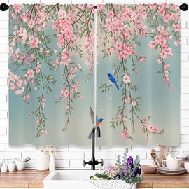 Opeoddie Chinese Pink Flower Bird Kitchen Curtains Boho Spring Floral Small Short Blossom Cherry Bathroom Bedroom Window Curtain Watercolor Botanical 2 Panels Window Treatment Tiers Drapes 26x36 Inch