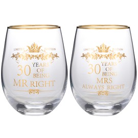 COFOZA Set of 2 30th Wedding Anniversary 15 Ounces Wine Glasses Tumblers Mr Right Mrs Always Right 30 Years Anniversary Cups Present for Couples Parents Gifts