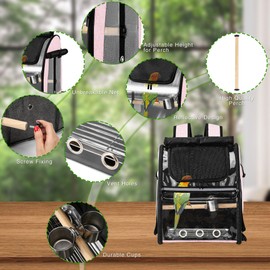 SUERTREE Bird Carrier Bag with Indestructible Stainless Steel Mesh, Bird Travel Cage with Stand, Easy to Clean Backpack for Parrot, Portable Bird Travel Bag, Pet Breathable Travel Cage, Pink