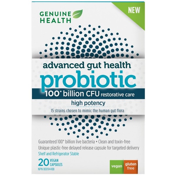 Genuine Health Advanced Gut Health HIGH POTENCY Probiotic - 100 Billion CFU (NEW!), 20 Capsules (Shelf Stable)