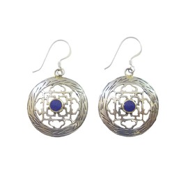 Blue lapis lazuli gemstone ethnic tribal gypsy drop dangle earrings for women light weight casual wear oxidized silver filigree dangle earrings by Tibetan artisan