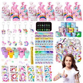 GSrenyu Unicorn Party Bags Fillers Toys for Girls Birthday Party Favours Gift ,126PCS Party Bag Fillers for Kids,Slap Bracelets,Keychain,Stamper,Temporary Tattoos Sticker,PVC Waterproof Stickers