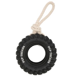 Dog Tire Chewing Toy Bite Resistant Treat Dispensing Rubber Aggressive Dog Tug Toy with Rope for Medium Large Dogs Black