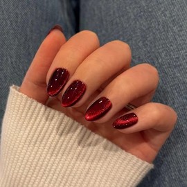 SXVME Uñas Postizas Burdeos, Cortas, Ovaladas, Redondas, Estilo Ojo De Gato, Color Vino, Con Brillantina Y Pegamento, Uñas Postizas Cortas Almendradas