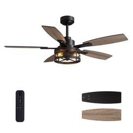 52 Inch Ceiling Fan with Light and Remote Control, Farmhouse Ceiling Fan with LED Lighting for Bedroom Living Room and Patio, Black Caged Ceiling Fan for Indoor and Outdoor(NO Bulbs)