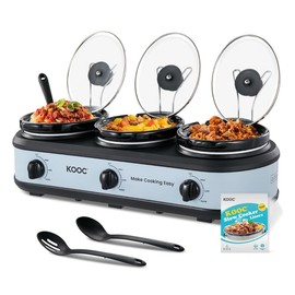 KOOC Triple Slow Cooker Buffet Server and Food Warmer 3x1.5 Quart Individual Temp Control With Lid Rests & Spoons With Liners Included Blue Grey