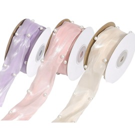 CABODYALS 14.76 Yards 3 Colors Faux Pearl Edged Stain Rribbon Organza Sheer Chiffon Plastic Pearls Transparent Fabric Ribbons with Spool Trim for Gift Wrapping Wedding Bouquet Decor DIY Craft Supply