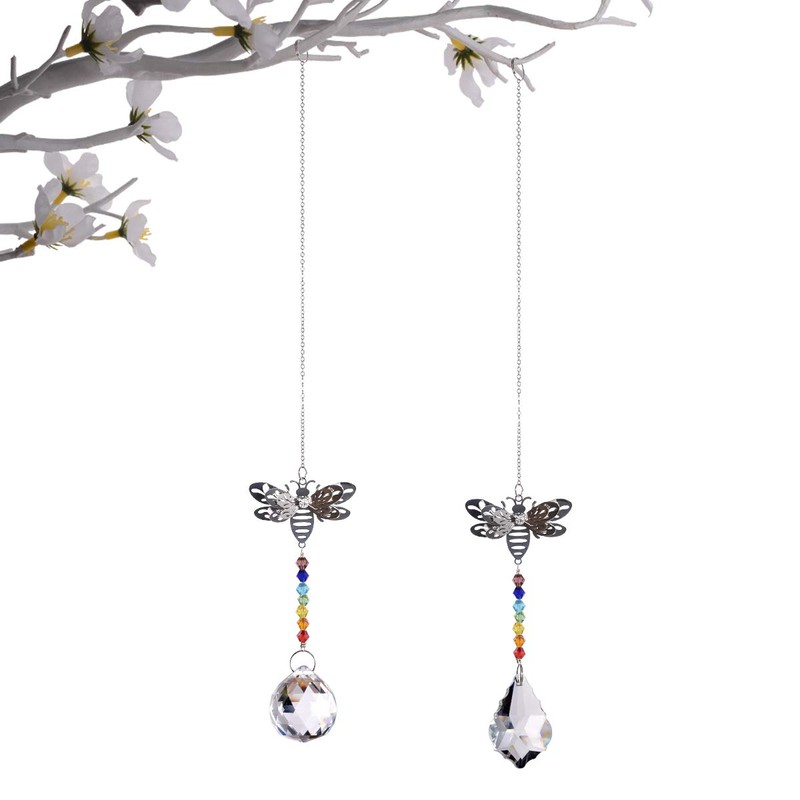 Set of 2 Crystal Glass Bee Suncatcher Hanging Rainbow Maker