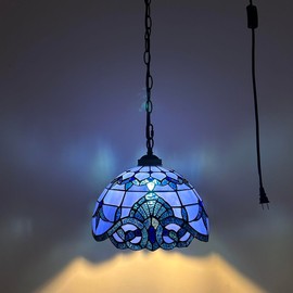enjoy decor lamps Tiffany Pendant Lighting Plug in Blue Stained Glass Baroque Style Hanging Lamp LED Bulb Included for Dining Room Island Kitchen Living Room 12”W*12”D*60”H