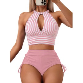 SOLY HUX Women's Tankini Set Striped Cut Out Tops and Drawstring Side Shorts Bikini Bathing Suits 2 Piece Swimsuit Light Pink Striped Large