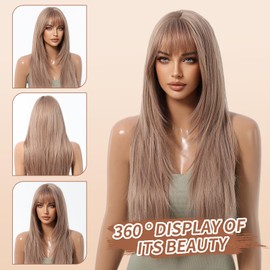 Geogroket Long Straight Wigs with Bangs Rose Gold Layered Hairstyle Synthetic Heat Resistant Wigs for Girls Daily Party Use 28 Inch (RoseGold)