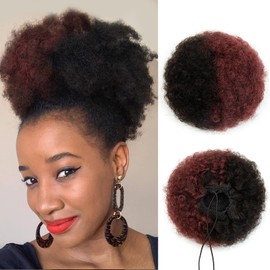 Drawstring Afro Puff Real Human Hair Ponytail for Black Women Kinky Curly Ponytail Extension Natural 4c Ponytail Buns Fake African American Puffs Afro High Wigs Half Natural Black Half Wine Red 50g