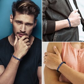 JewelryWe Black Onyx Stone Bracelet 8mm Beaded Links Wolf Head Bracelets for Men Women