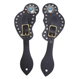 2 Pcs Leather Spur Straps, Adjustable Single Ply Spur Straps with Rhinestone Decorations, Adjustable Boot Straps, Western Spur Strapsfor Boots Western Women Men (Black)