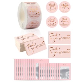 Vokowin 620pcs Thank You Business Card, 100pcs Gold Foil Thank You for Supporting My Small Business Cards 500pcs Thank You Stickers, 20pcs Smell Proof Bags (K94-1)
