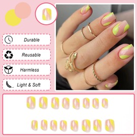 Ceboic 24 Pcs Square Short False Nails, French Tips Press on Nails Acrylic Full Cover Fake Nails, Glossy Removable Stick on Nails with Glue Sticker for Women and Girls (Yellow Waves)