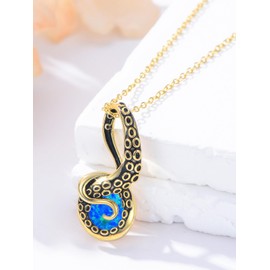Shusukue Octopus Tentacles Necklace with Blue Opal 925 Sterling Silver Octopus Pendant for Women Blue Ocean Jewelry Gift for Women, Gold Plating-Black