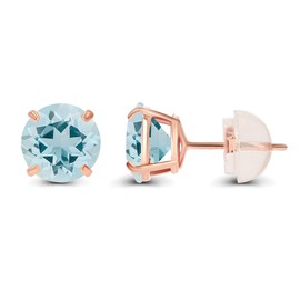14K Rose Gold Plated Sterling Silver 4mm Round Natural Aquamarine March Birthstone Prong Set Stud Earrings For Women