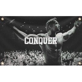 Bandera de conquista para Arnold Schwarzenegger de 3 x 5 pies con cuatro ojales de latón, divertido póster de motivación de gimnasio y fitness, bandera duradera de pared de cueva para decoración de