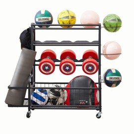 Daarcin Sports Equipment Storage Car, Garage Storage Rack, 4-Tier Story Ball Metal Storage Rack, Storage Car With Basket and Hook, Used for Yoga Mat,Storage of Various Balls and Toys