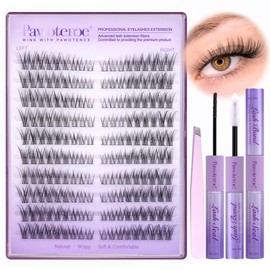 Pawotence Wispy Lash Clusters Kit Cat Eye Lash Extension Kit 180pcs Natural Individual Lashes Left Right Cluster Eyelash Extensions Kit with Lash Bond and Seal, Lash Tweezers for Self Application
