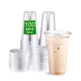 APSIC Clear Plastic Cups with Flat Lids, 100 Sets 24oz (200-Piece) Disposable PET Crystal Party Cups, Ideal for Iced Coffee, Smoothie, Milkshake, Juice, Dessert, To-Go Drinks and Cold Beverages