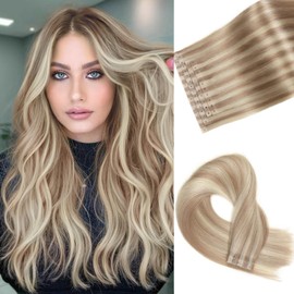 Human Hair Extensions Micro Ring PU Hair Extensions Glueless Remy Human Hair Extension with Holes Ash Blonde Highlight Blonde 18/613 Invisible Tape in Hair Extension for Women (30g 4Pcs,16 Inch)
