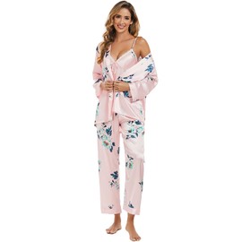 Escalier Women's Silk Satin Pajamas Set 3 Pcs Floral Silky Pj Sets Sleepwear Cami Nightwear with Robe and Pants Pink Floral L