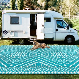 Outdoor Rug for Patio 9x12 Reversible Plastic Straw Mat Waterproof Outside Floor Carpet for RV Camping Porch Deck Pool Backyard Beach Trailer Tent Decor, Teal